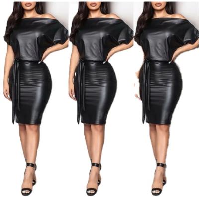 China New Women's Anti-Static Anti-Static Bodycon Bandage Dress PU Leather Wet Look Ladies Off Shoulder Party Club Mini Pencil Dress for sale