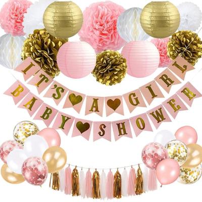 China Meilun Hot Selling Pink Birthday Party Decoration It's A Girl Birthday And Baby Shower Decoration Set Pom Poms And Paper Lantern For Girl for sale