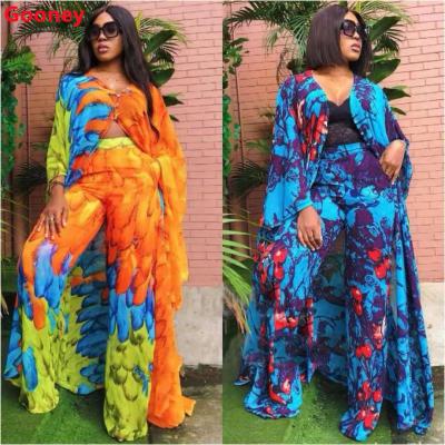 China Two Pieces QUICK DRY Hot Sale Women's Suitpants 2021 Long Style Printed Long Sleeve Elegant Chiffon Dress Sets Pants For Women Suits for sale