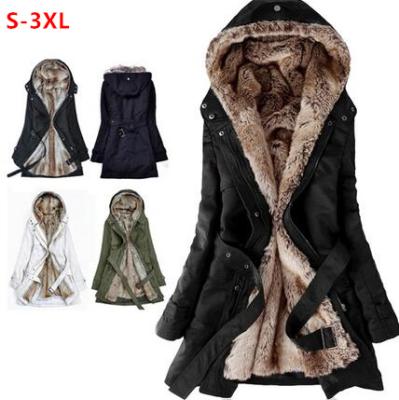 China 2021 Anti-Wrinkle Hot Sale Winter Redneck Faux Striping Hooded Warm Women's Coat Long Fur Inside Belt Jacket Cotton Thermal For Women Coats for sale