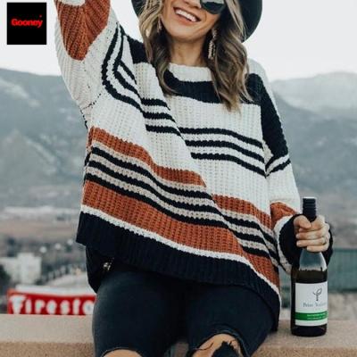 China Anti-Wrinkle Women's Crew Neck Color Block Striped Color Block Sweater Casual Loose Knitted Sweater Tops For Women for sale