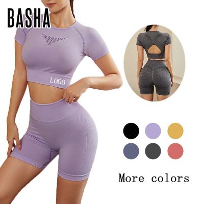 China BASHAsports 2023Summer Sports Women Yoga Hollow Out Seamless Crop Top Short Sleeve Equipments Biker Shorts Two Piece Set for sale