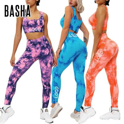 China Dye crack! crack! seamless ribbed crac! crack! BASHAsports 2023 Women's Antibacterial Active Elastic High Waist Tie Leggings And Bra Set for sale