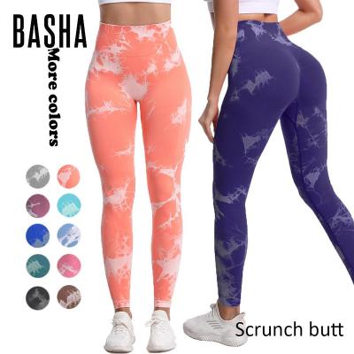 China BASHAsports Anti-Static New Tie-Dye Yoga Waist Lifting Gaiters Gym Running Tight Buttocks Yoga Fitness Clothes Women Traceless High Pants for sale