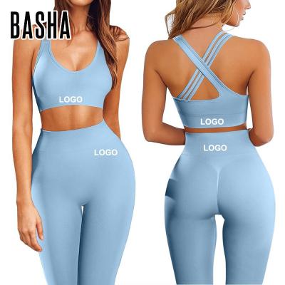 China 2023 BASHAsports Breathable Fitness Yoga Set Workout Gym Fitness Sets Women High Waist Seamless Yoga Tight Set for sale