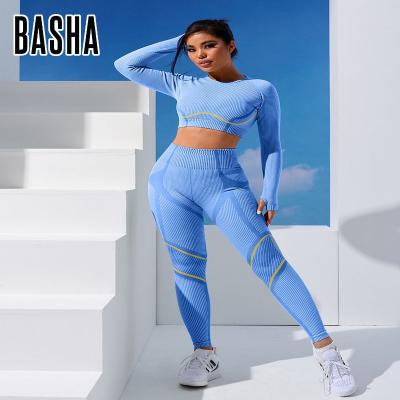 China BASHAsports 2023 Custom Logo Plus Size Seamless Activewear Breathable Set Long Sleeved Upper Gaiters 2 Piece Set Custom Yoga Set for sale