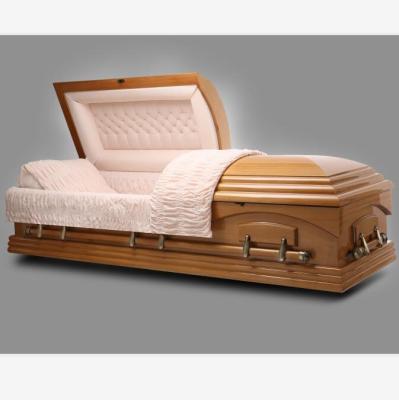 China American MAGISTRATE RED Style Coffin Casket Zinc Handle Solid Mahogany Solid Mahogany Flat Wrapped Funeral Casket for sale