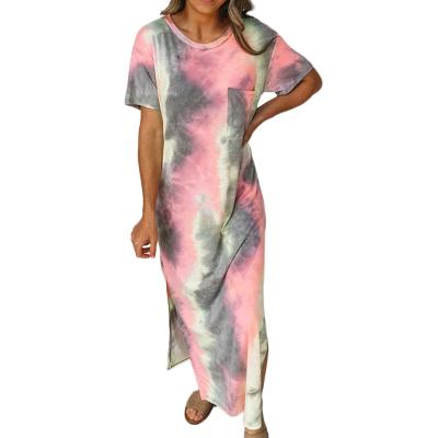 China 2022new Summer Washable Women's Tie Dye Print Dress Slit Casual Dress Long for sale