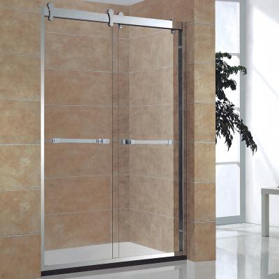 China Modern sliding bathroom shower door enclosure with 8/10mm certified clear tempered glass in brushed nickel stainless steel finish for sale