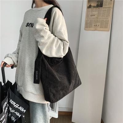 China Customized Unisex Daily Use Reusable Travel Grocery Bag Folding Logo Text Print Corduroy Tote Handbags Casual Shopping Bag for sale