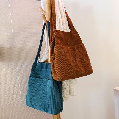 China Wholesale Custom Large Capacity Shoulder Bag Folding Environmental Female Solid Color Casual Shopping Corduroy Tote Bag for sale