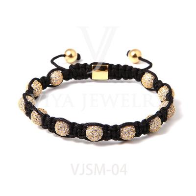 China Vintage Handmade 18K Gold Plated Copper Bead 8mm Micro Pave Braided Zircon CZ Balls Macrame Bracelet for sale