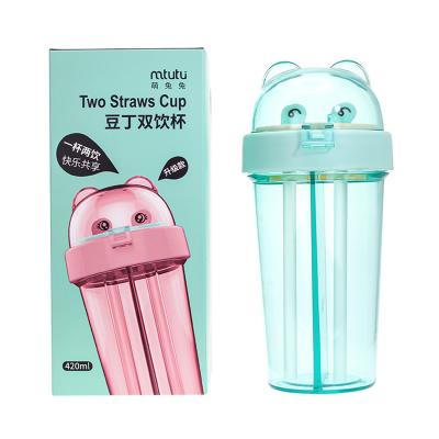 China Customized Couple Viable Logo Bpa-Free Portable Plastic Cute Kids Straw Water Bottle for sale