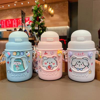 China Straw Stainless Steel Juice Milk Cute Cartoon Kids Gift Strap Portable Viable Silicone Sleeve Vacuum Vacuum Thermos for sale