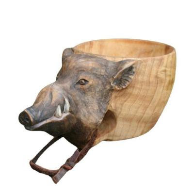 China Sustainable Modern Creative Personality Animal Painted Head Wood Carving Wooden Handle Cup for sale