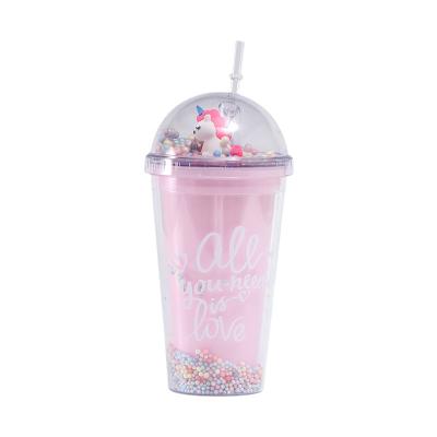 China Landscape Cartoon Micro Viable Unicorn Water Cup 500Ml Double-wall Plastic Summer Straw Tumbler for sale