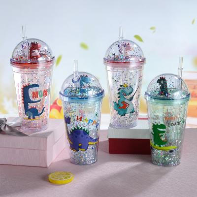 China Transparent Plastic Wall Straw With Lid Tumbler Cute Dinosaur Cartoon Summer Water Viable Double Cup for sale