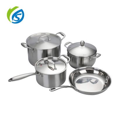 China Sustainable Cookware Set Stainless Steel Triple Pots 304 New Design Snow Silver Surface Cooking Set for sale