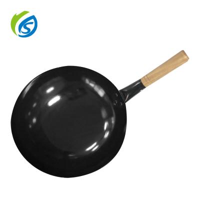 China Sustainable Hot Selling Class Cook Frying Wok Pan Wooden Handle Flat-eage Porcelain Enamel Wok for sale