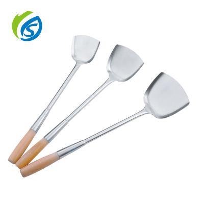 China Sustainable Chinese Style Wok Spatula Cooking Stainless Steel Kitchen Spatula Wooden Handle Tapered Schima Wooden Handle Wok Spatula for sale