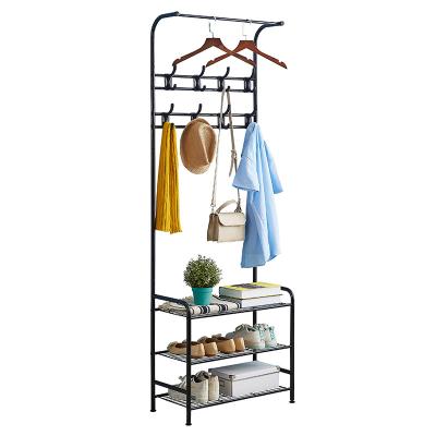 China Wholesale Standing Furniture Hallway Metal Tree Stand Hat Hook Shoe Storage Shelf Hat Cloth Hanger Coat Rack With Bench for sale