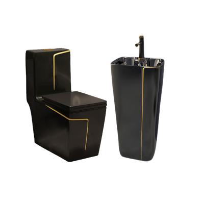 China Modern Ceramic Toilet Basin Single-piece Gold Double-Flow Bathroom WC Black Toilet Set Sanitary Ware Suite for sale