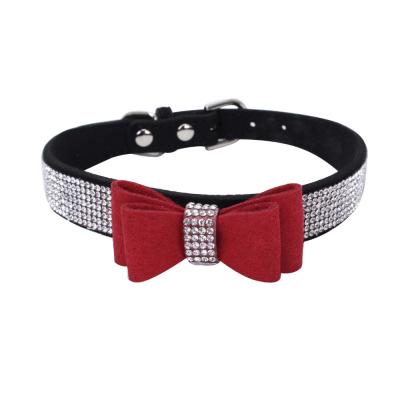 China Custom Leather Bow Diamond Microfiber Leather Material With Faux Stone Dog Collar Adjustable Cute Dog Collar for sale