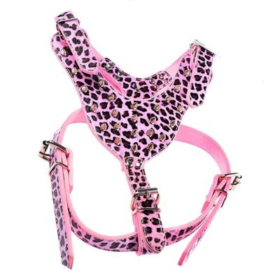 China Fashion Punk Style Dog Harness Pink Leopard Print Padded Luxury Pointed Soft Studded Soft Leather Vest for sale