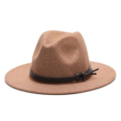 China 2021 New Image Fashion Solid Color Belt Decoration Wool Fedora Hat Wide Brim for sale