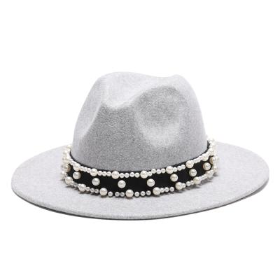 China Image Women 2021 Fashion Solid Color Party Hat Wide Brim Fedora Hats With Pearls for sale