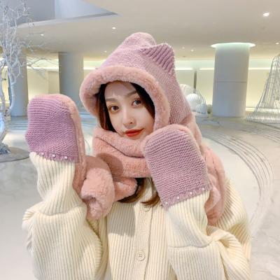 China 2021 Wholesale COMMON Cute Ears Beads Decoration Furry Scarf Set Women's Winter Fashionable Hats for sale