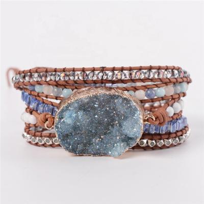 China 2021New BOHEMIA Unique Natural Handmade Bohemian Stones Bracelet Beaed Wrap Adjustable Leather Jewelry for sale