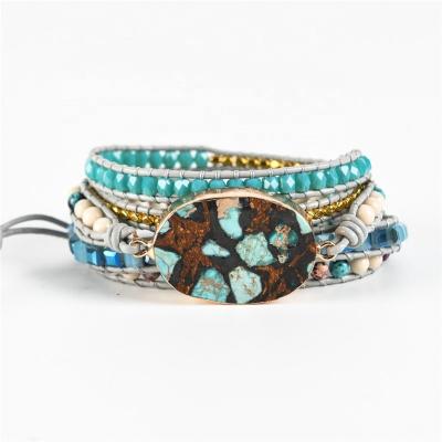 China Handmade Bracelets Jasper Amazonite Natural Stones Leather 5 Wrap Charm BOHEMIA Accessories Strands Boho Bracelets Women for sale