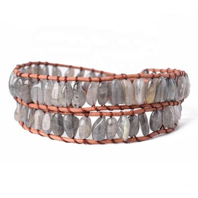 China FASHIONABLE Women Wrap Labradorite Genuine Leather Natural Stone Beads Friendship Bracelet Handmade Jewelry for sale