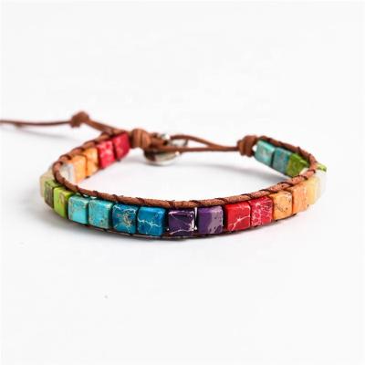 China BOHEMIA 7 Chakra Charm Jewelry Natural Imperial Jasper Beads Leather Unique Friendship Bracelet Women for sale