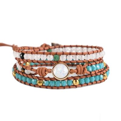 China New Handmade BOHEMIA Natural Stone Beads Wrap Bracelet Crystal 3 Rows Boho Leather Jewelry For Women for sale