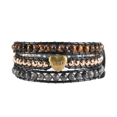 China BOHEMIA Amzon Top Sale Heart Love Charm Tiger Eye Gold Plated Leather Bracelets Wrap Jewelry For Lover for sale