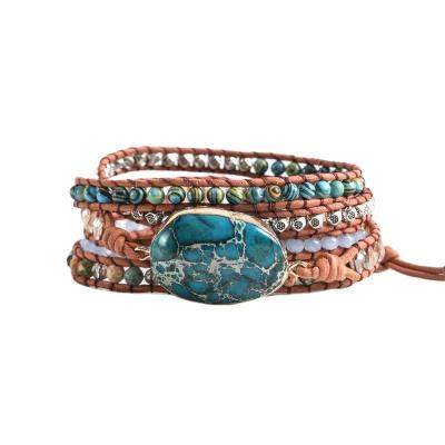 China Amazon FASHION Top Selling Natural Imperial Jasper Turquoise Stone Bracelet Handmade Boho Fashion Leather Wrap Jewelry for sale