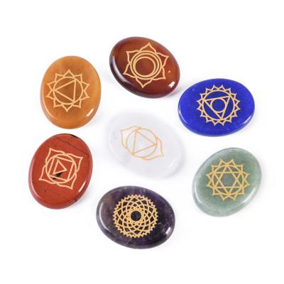 China China 7pcs Reiki Stones Chakra Healing Crystal Set with Chakra Symbols Palm Engraved Holistic Polished Balancing Stones for sale