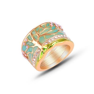 China Creative Pink Opal Green Enamel Wide Ring Gold BOHEMIA Lucky Flower Tree Rings Fashion for Women Party Crystal Vintage Jewelry for sale