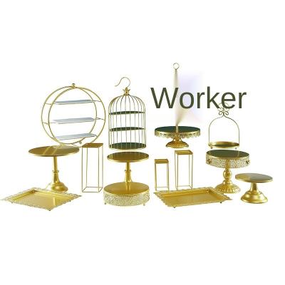 China European Metal Gold Wedding Dessert Table Decoration Cake Stand Wedding Props Lace Up Cake Plate Iron Art Dim Sum Rack 12 Square for sale