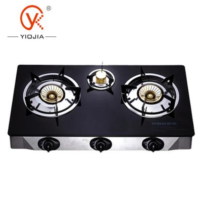 China Hotel Hot Sale 3-Burners Gas Stove With Glass Panel And Brass for sale