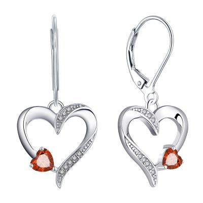 China Fashion Jewelry Wholesale Cute 925 Sterling Silver Garnet Zircon Dangle Earrings Red Cubic Back Heart Lever Heart Birthstone Dangle Earrings for sale