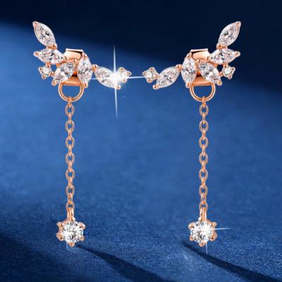 China Fashion Jewelry Luxury Gorgeous Cute 925 Sterling Round Brilliant Cut Women Wedding Stud Earrings Rose Gold Long Chain Cz for sale