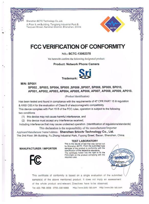 FCC - Shenzhen Sricctv Technology Co., Ltd.