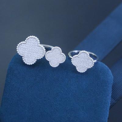 China Wholesale 925 Sterling Silver Fine Jewelry Trendy Custom Adjustable Ring Four Leafs Clover Zircon Rings For Girls for sale