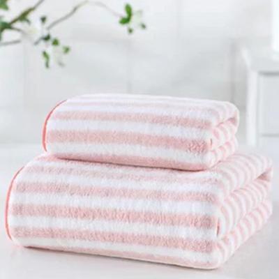 China Wholesale Absorbent Coral Fleece Velvet Hand Bath Towel Set Microfiber Stripes 70x140 for sale