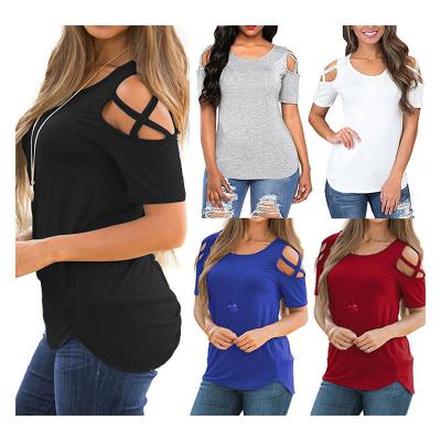 China Fashion Breathable Casual Women's Summer Solid Color Ripped Loose Shoulder Strap Women's T-shirt Top for sale