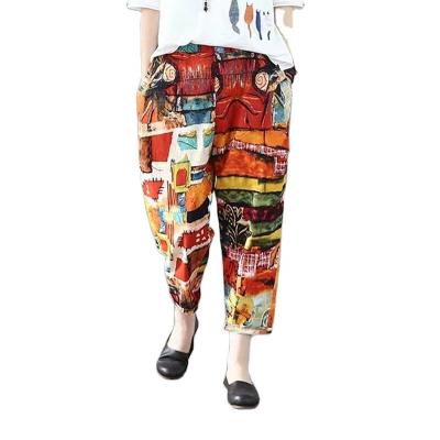 China Retro anti-pilling cotton and canvas print cropped pants, women's fashion trend cropped pants, ladies casual pants for sale