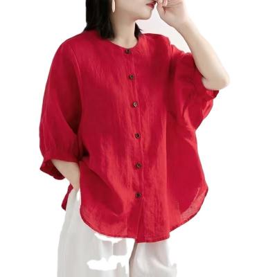 China Plus Size Summer Ladies Cotton And Canvas Short Sleeve Shirts Sweat-absorbent And Breathable Women's Shirts for sale